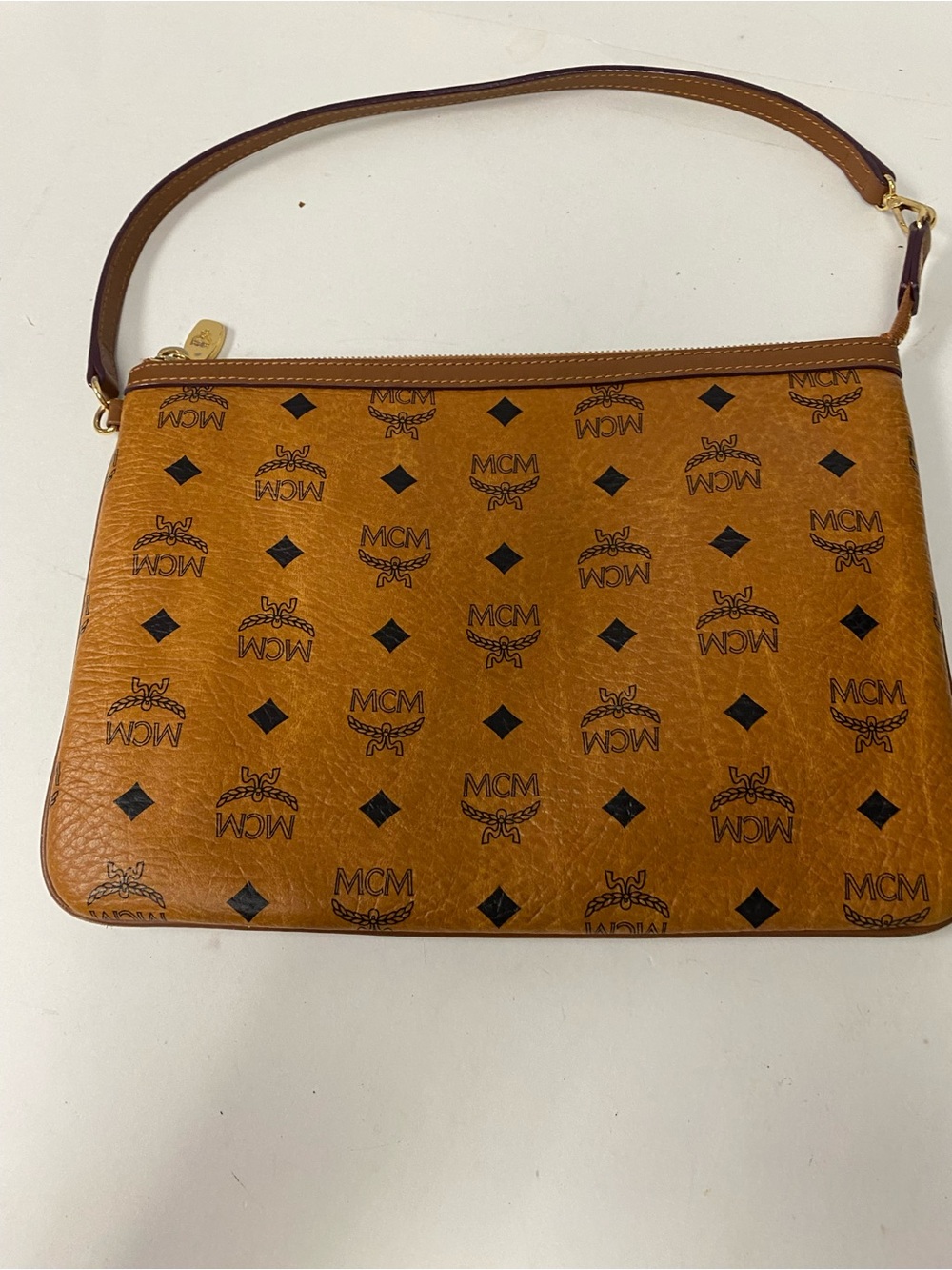 MCM Cognac Visetos Logo Pouch with Gold Hardware